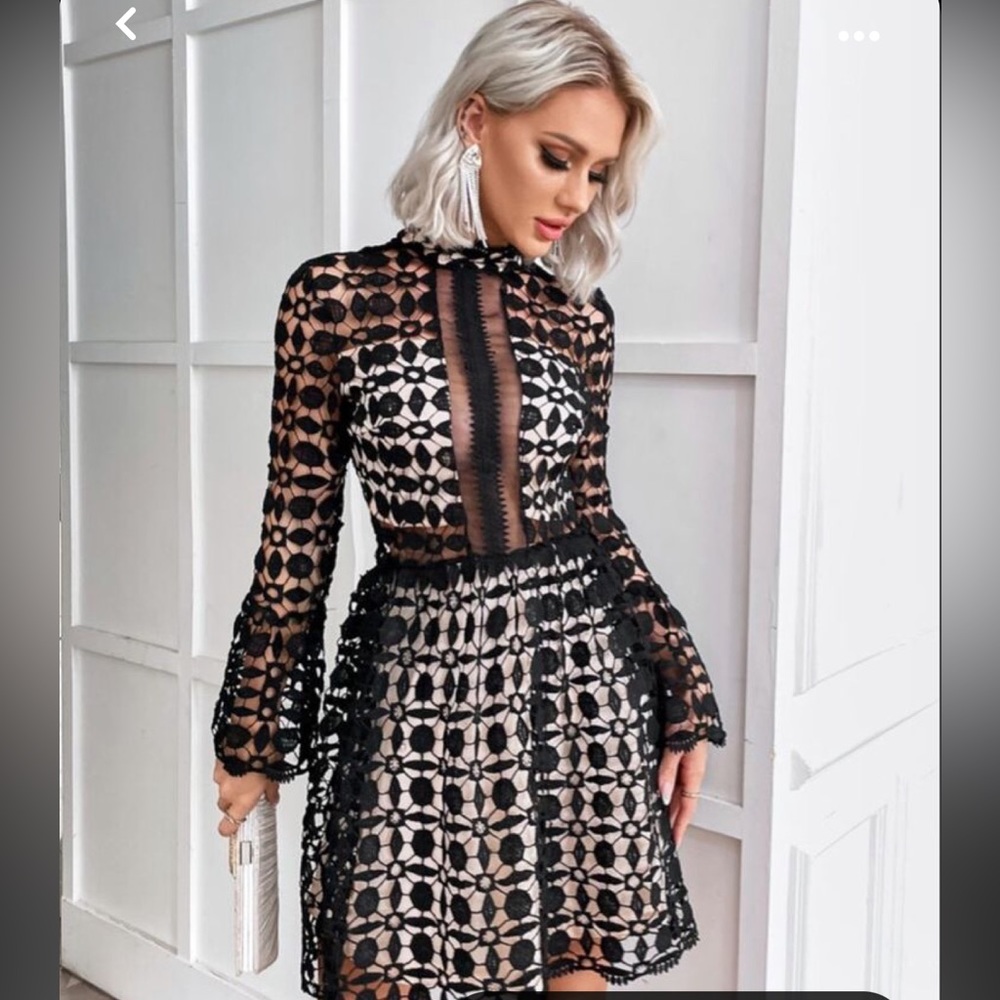 Lace Openwork Mock Neck Mini Dress - Picture 2 of 13